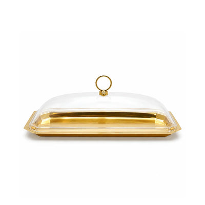 Elegant Serving Tray With A Clear Acrylic Lid And Gold Finish, Measuring 42 × 16.5 Cm And Ideal For Presenting Sweets, Dates, Chocolates, Pastries, Desserts, And Snacks At Siddiq Gifts.