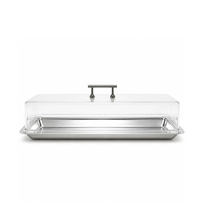 Elegant Serving Tray With A Clear Acrylic Lid, Silver Finish, And Nickel Handles, Measuring 50 × 15.5 Cm And Ideal For Presenting Sweets, Dates, Chocolates, Pastries, And Snacks At Siddiq Gifts.