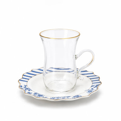 Sketan Tea Cup And Saucer Set 12 Pieces Clear Glass With Gold Rim And Blue Floral Porcelain Saucers Siddiq Gifts