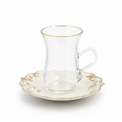 Sketan Tea Cup And Saucer Set 12 Pieces Clear Glass With Gold Rim And Floral Porcelain Saucers Siddiq Gifts