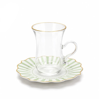 Sketan Tea Cup And Saucer Set 12 Pieces Clear Glass With Gold Rim And Green Stripe Porcelain Saucers Siddiq Gifts