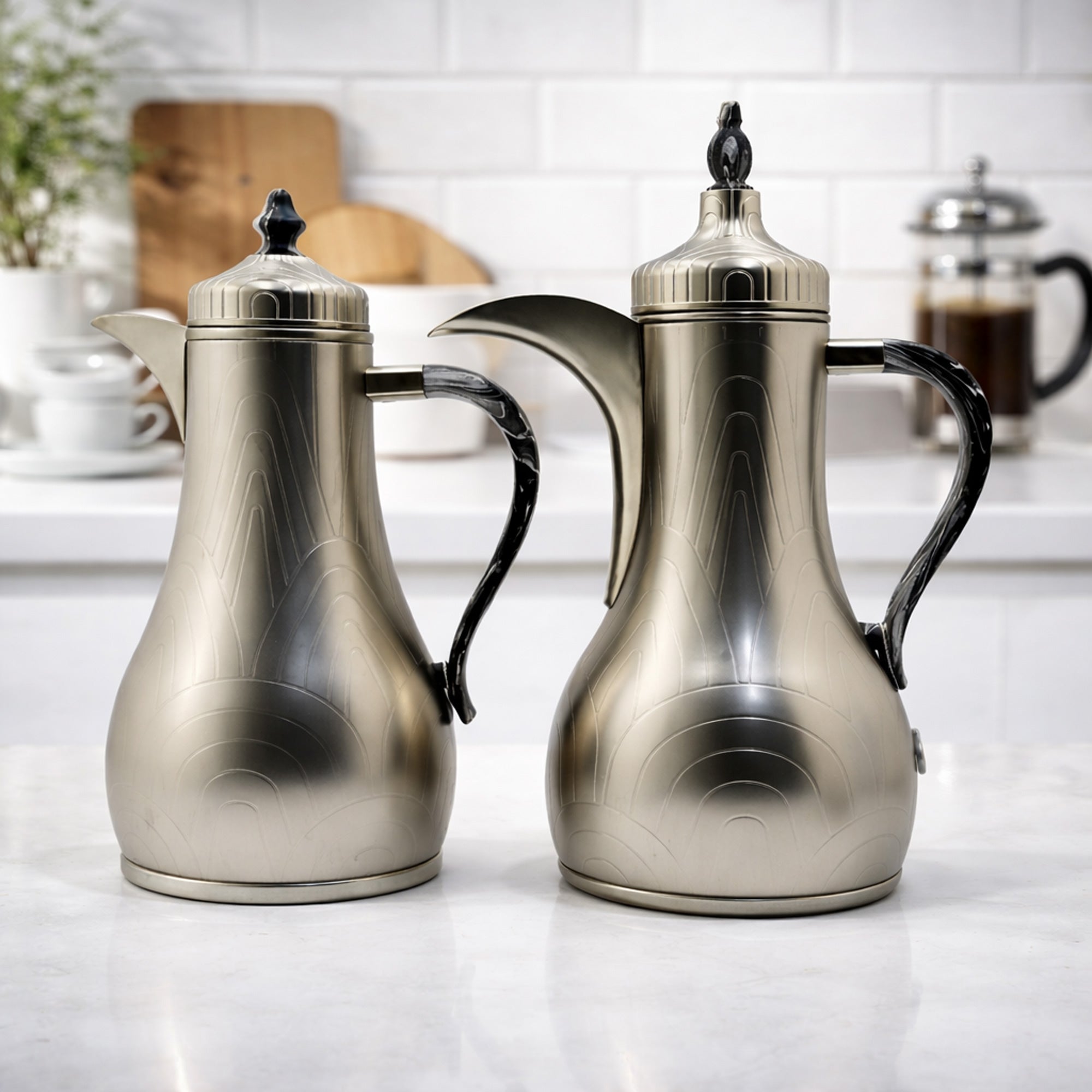 SLDT-MN-MGRNT vacuum flask set 2 pieces 1L matte nickel thermal flasks with marble granite handles from Siddiq Gift Shop