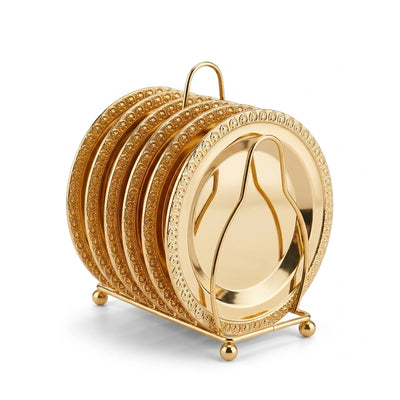 Small Plate Set With Stand 6 Pieces Gold Decorative Stainless Steel Snack Plate Set Siddiq Gifts