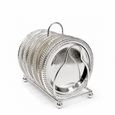 Small Plate Set With Stand 6 Pieces Silver Decorative Stainless Steel Snack Plate Set Siddiq Gifts