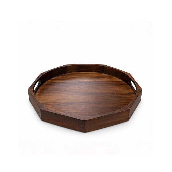 Small Round Wooden Serving Tray with Cutout Handles, 38 cm, in Brown for Serving Tea, Coffee, Snacks, Desserts, and Everyday Meals at Siddiq Gifts.