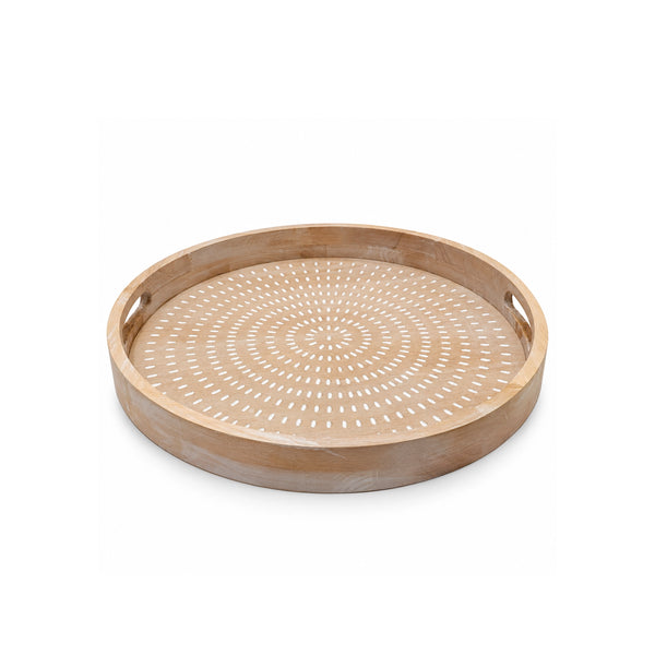 Small Round Wooden Serving Tray with Cutout Handles, 40 cm, in Natural Brown and White for Serving Tea, Coffee, Snacks, Desserts, and Everyday Meals at Siddiq Gifts.