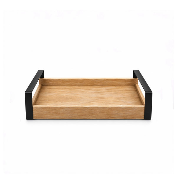 Small Wooden Serving Tray with Metal Side Handles, 32 × 22 cm, in Natural Brown and Black for Serving Tea, Coffee, Snacks, Desserts, and Everyday Meals at Siddiq Gifts.