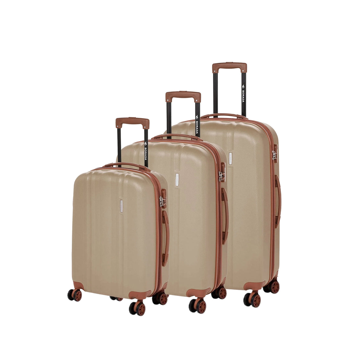 CS97770W8-3T Sonada Expandable ABS 8-Wheel Trolley Case Set – 3 Pieces – Champagne – TSA Lock, 360° Spinner Wheels & Security Zipper