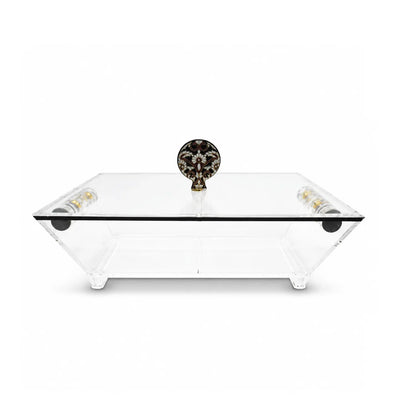 Elegant square 4-compartment candy box with a clear lid and decorative handle design, ideal for serving chocolates, dates, nuts, candies, and sweets at Siddiq Gifts.