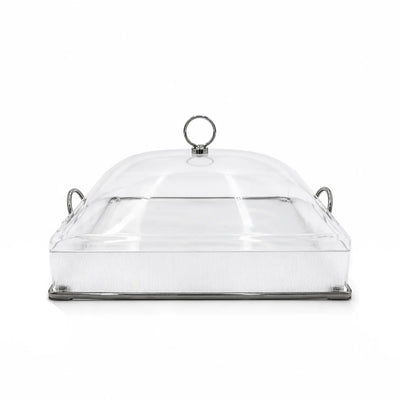 Elegant Square Acrylic Serving Tray With A Clear Dome Lid And Nickel Handles, Measuring 33 × 33 Cm And Ideal For Presenting Sweets, Dates, Chocolates, Pastries, Desserts, And Snacks At Siddiq Gifts.