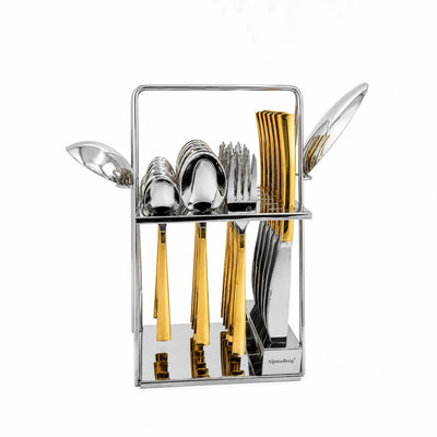 Stainless Steel Cutlery Set With Stand 26 Pieces Silver With Gold Handle Design Siddiq Gifts