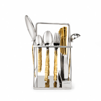 Stainless Steel Cutlery Set With Stand 26 Pieces Silver With Gold Handle Design Siddiq Gifts