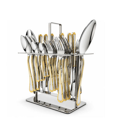Elegant Stainless Steel Cutlery Set with a Storage Stand, Featuring 38 Pieces in a Stylish Silver and Gold Finish and Designed for Everyday Dining, Family Gatherings, Entertaining Guests, and Special Occasions at Siddiq Gifts.