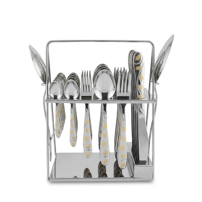 Stainless Steel Cutlery Set With Stand 38 Pieces Silver With Gold Leaf Handle Design Siddiq Gifts