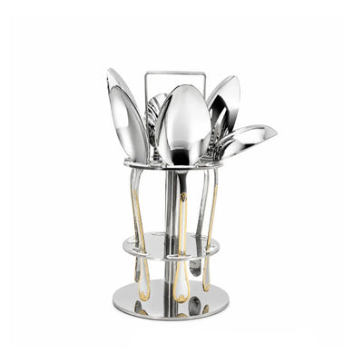 Elegant Stainless Steel Cutlery Set with a Storage Stand, Featuring 6 Serving Utensils in a Stylish Silver and Gold Finish and Designed for Serving Rice, Soups, Curries, and a Variety of Dishes at Siddiq Gifts.