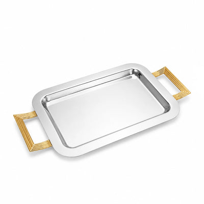 Stainless Steel Serving Tray 40 × 26 CM Silver With Golden Handles Siddiq Gifts