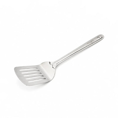 Durable X10 Stainless Steel Slotted Frying Turner With A Silver Mirror Finish, Measuring 37 Cm And Designed For Flipping, Lifting, Draining, And Serving Fried And Grilled Foods At Siddiq Gifts.