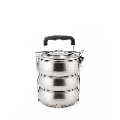 Stainless Steel Tiffin Lunch Box, 3 Layer, 13 cm, in Silver for Carrying Rice, Curry, Snacks, and Everyday Meals at Siddiq Gifts.