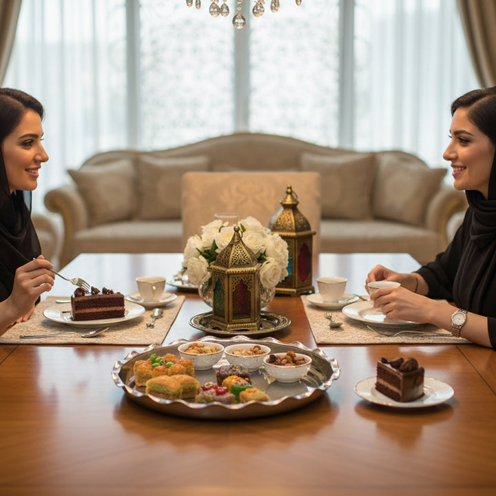 Two women enjoying a dessert together at a table with a tray of cookies and a cake.