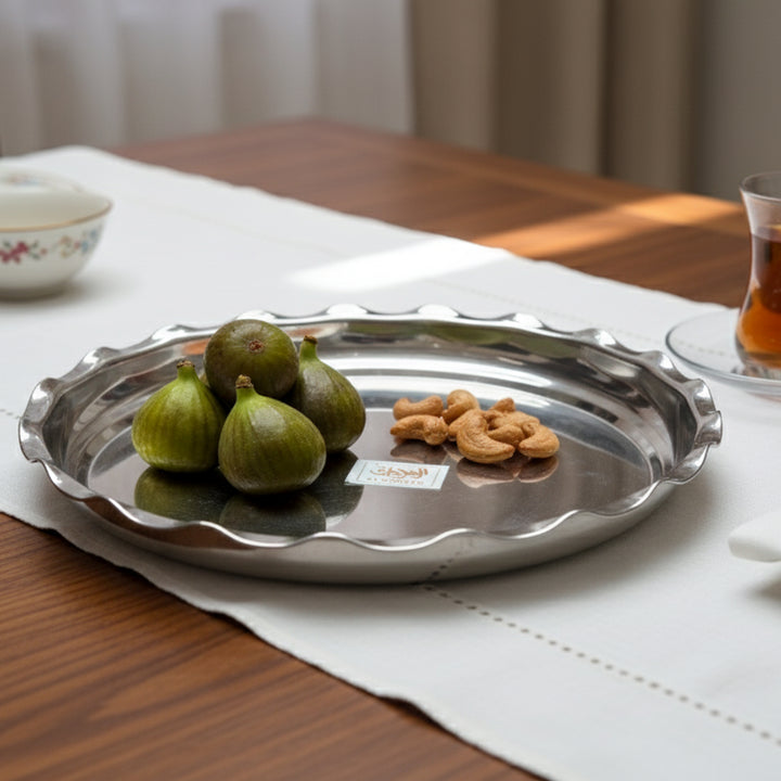 STS0293292 Stainless Steel Round Tray 45 cm with Wave Edge Design – Siddiq Gifts Mussafah Abu Dhabi