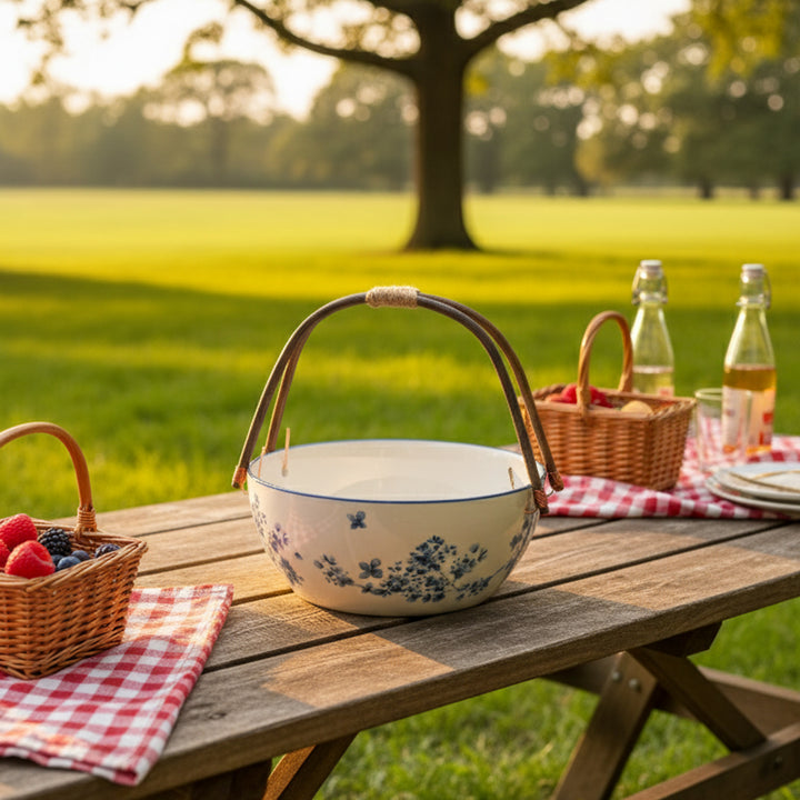 Picnic setup on a wooden table with a bowl, baskets, and bottles in a park.