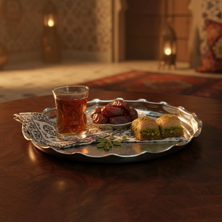 Tray with a glass of tea, dates, and pastries on a wooden table with a warm ambiance.
