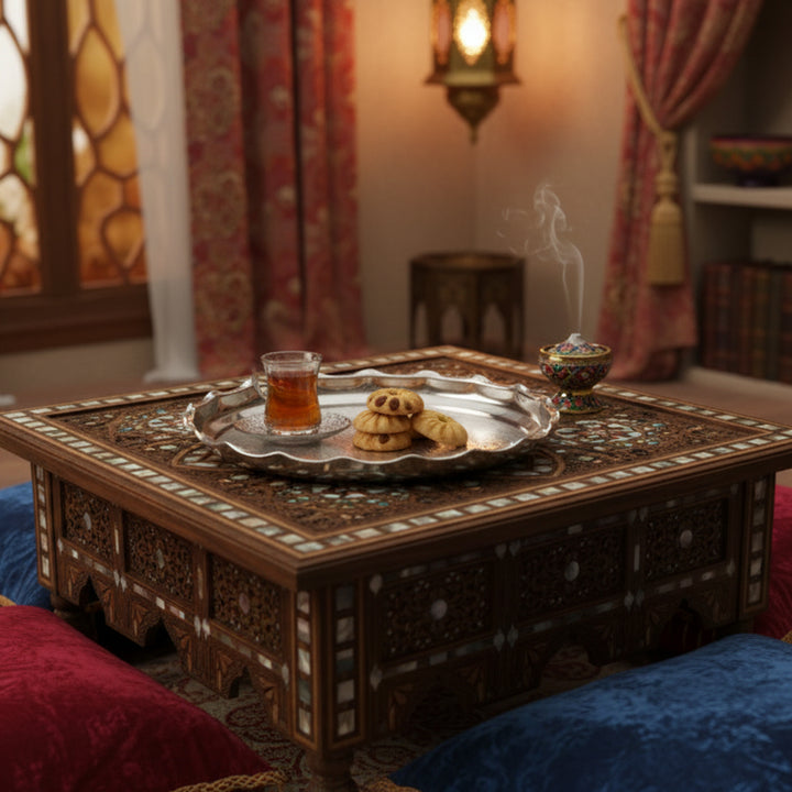 Decorative wooden table with a tray of tea and cookies in a warm, inviting room.