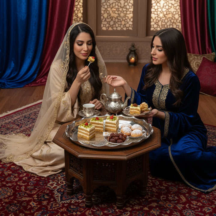 Two women in traditional attire enjoying tea and snacks in a decorated room.