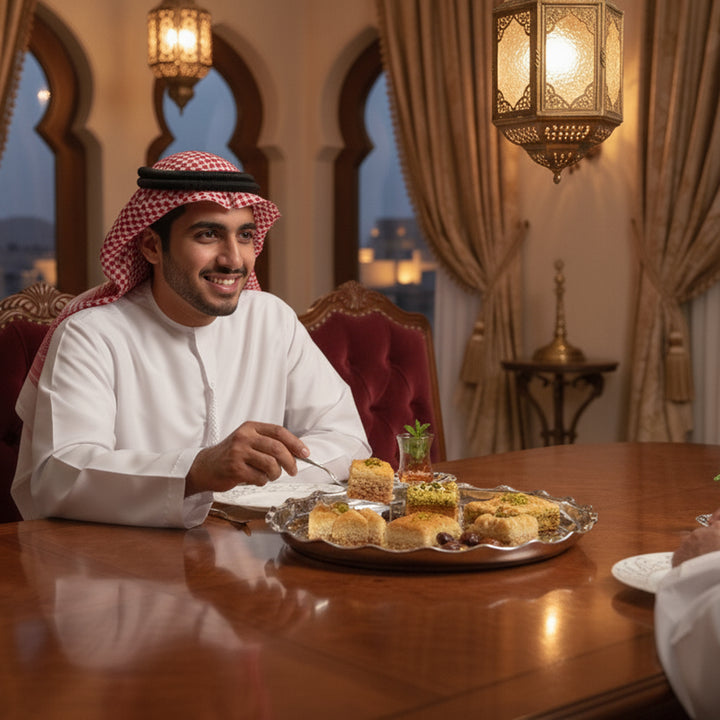 Man in traditional attire sitting at a table with a plate of food in an elegant room.