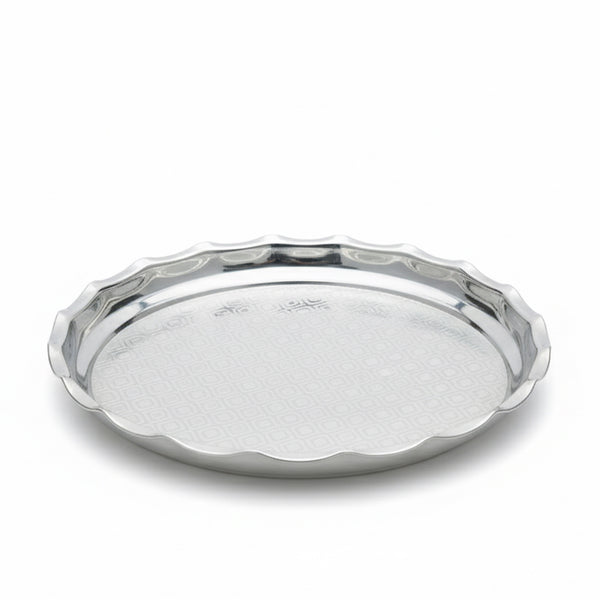 Silver tray with textured edge on a white background