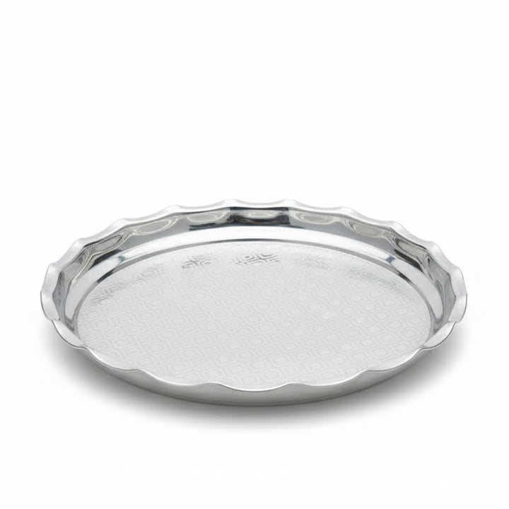 Silver tray with textured edge on a white background