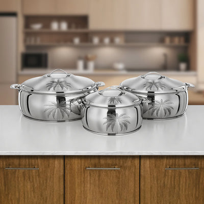 STS0293649 Noor Stainless Steel Hot Pot Set – 3 Pieces – Palm Engraved Mirror Finish | Siddiq Gifts – Mussafah Abu Dhabi