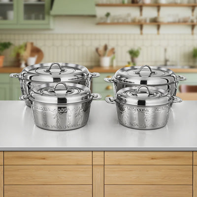 STS0293677 Modon Stainless Steel Hot Pot Set – 4 Pieces – Embossed Finish with Lids | Siddiq Gifts – Mussafah Abu Dhabi