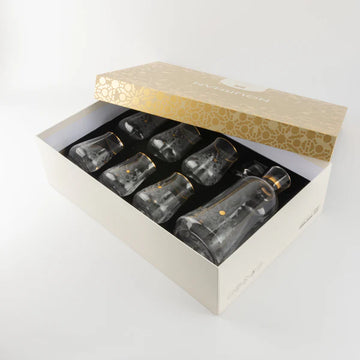 SWJ1005 Nourhan Juice Serving Set – 7 Pieces – Clear Glass with Gold Rim | Siddiq Gifts – Mussafah Abu Dhabi