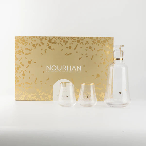 SWJ1005 Nourhan Juice Serving Set – 7 Pieces – Clear Glass with Gold Rim | Siddiq Gifts – Mussafah Abu Dhabi