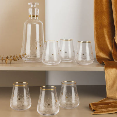 SWJ1005 Nourhan Juice Serving Set – 7 Pieces – Clear Glass with Gold Rim | Siddiq Gifts – Mussafah Abu Dhabi