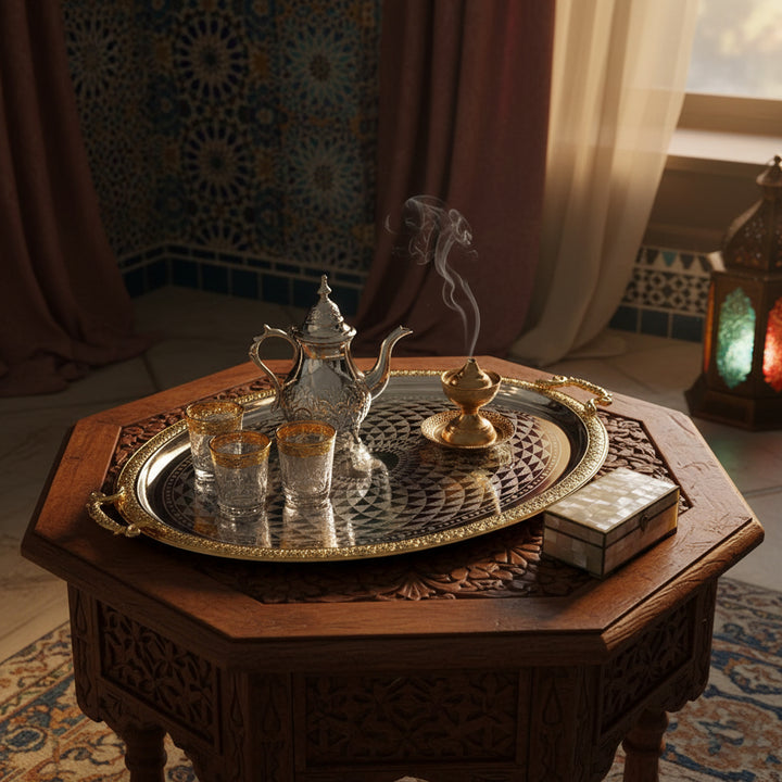 Decorative tea set on a wooden table with a patterned wall and lantern in the background.
