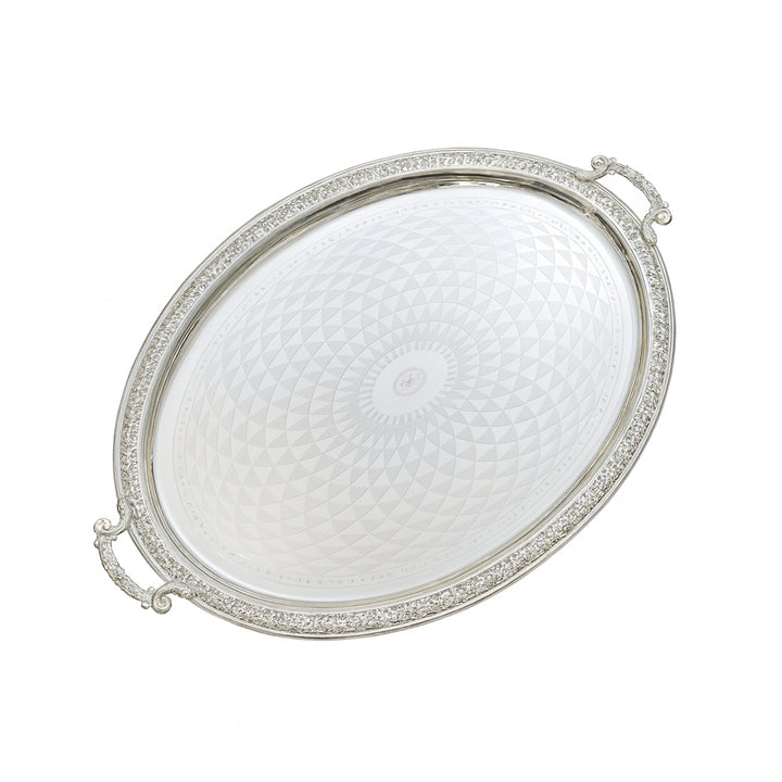 Silver oval tray with decorative handles on a white background