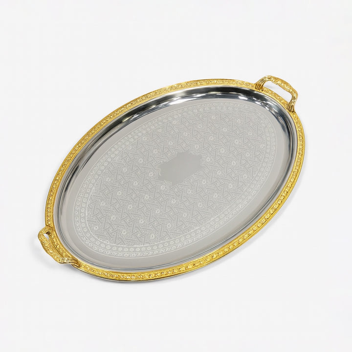 Silver tray with gold rim and handles on a white background