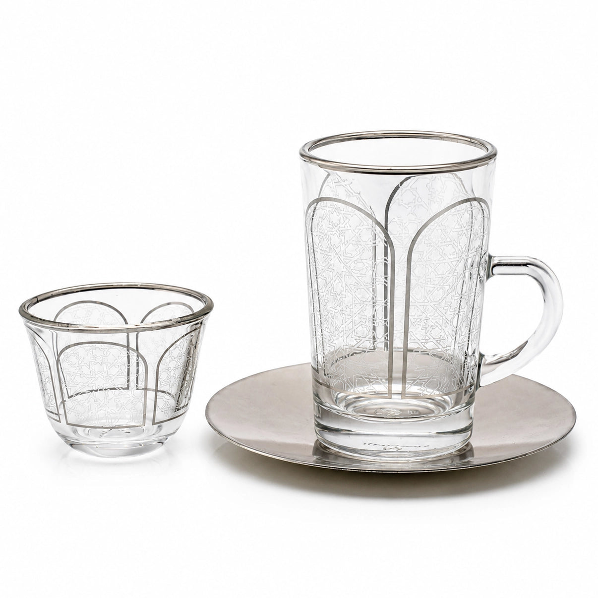 Cawa Tea And Cawa Cup With Saucer Set 18 Piece Arabic Arch Silver | Siddiq Gifts