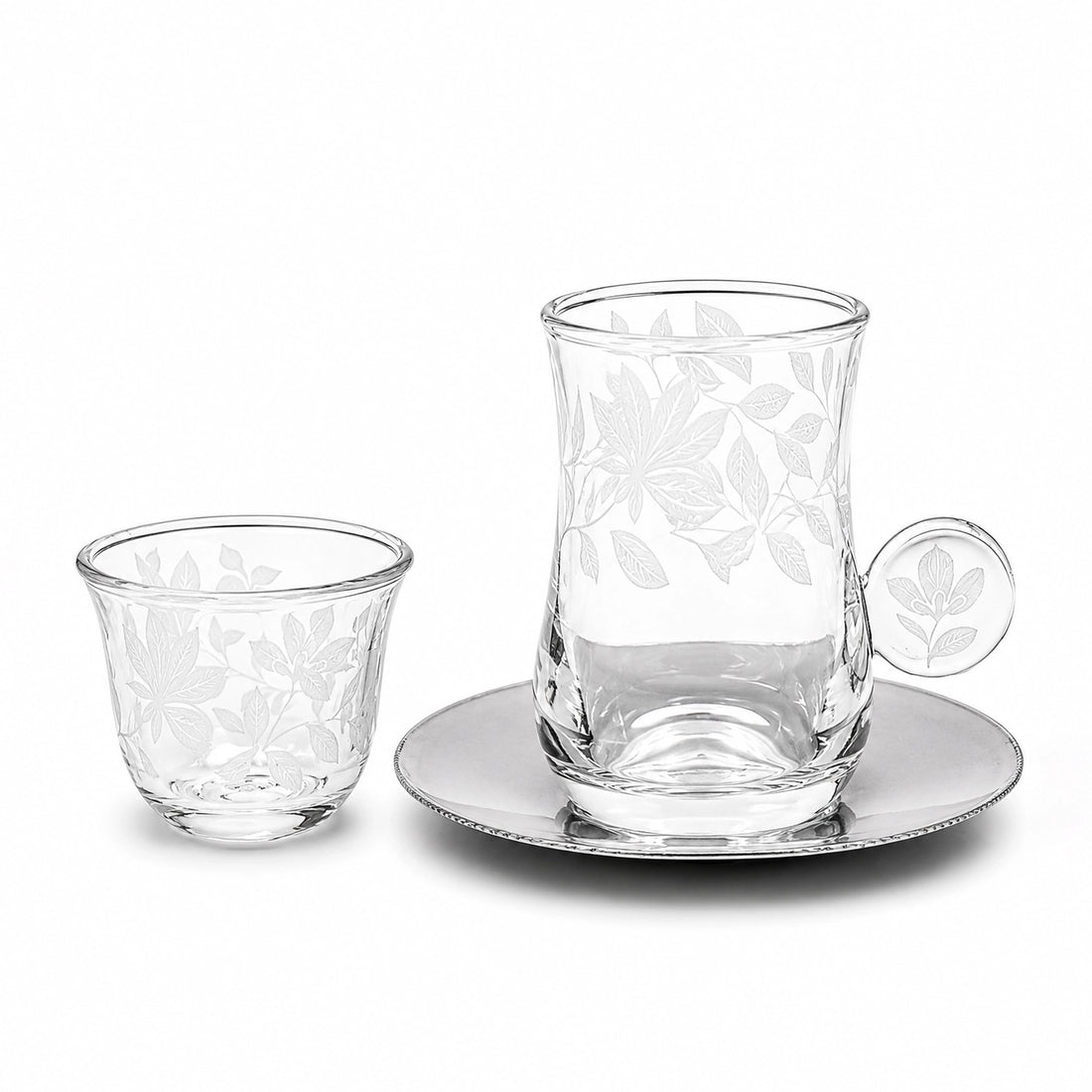 STC-7505-T Tea & Cawa Cup with Saucer Set – 18 Piece – Floral Leaf Design with Clear Cup and Silver Saucer
