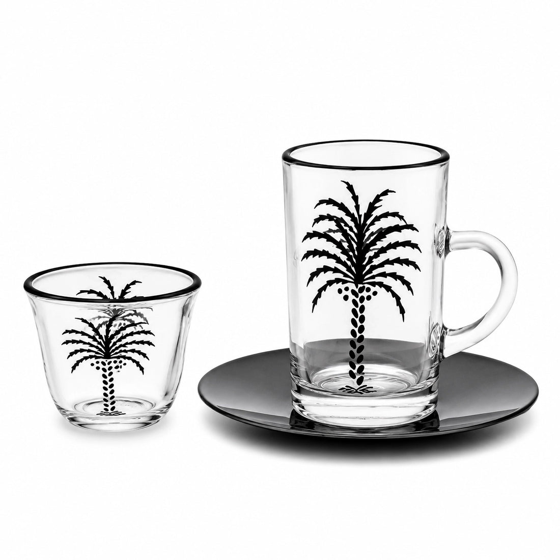 STC-7508-B Tea & Cawa Cup with Saucer Set  – 18 Piece – Palm Tree Design with Clear Cup and Black Saucer