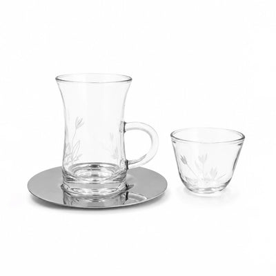 Tea & Cawa Cup Set 18 Pieces Clear Glass with Floral Etched Design Siddiq Gifts
