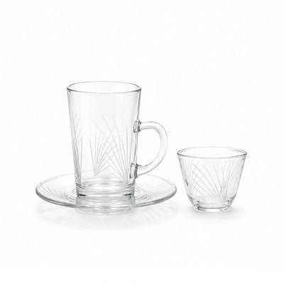 Tea & Cawa Cup Set 18 Pieces Clear Glass with Floral Etched Design Siddiq Gifts