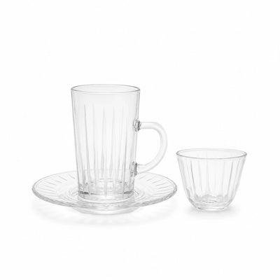 Tea & Cawa Cup Set 18 Pieces Clear Glass with Floral Etched Design Siddiq Gifts