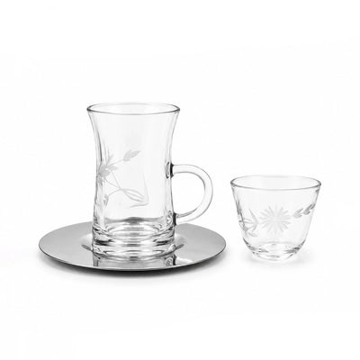 Tea & Cawa Cup Set 18 Pieces Clear Glass with Frosted Floral Design and Silver Saucers Siddiq Gifts