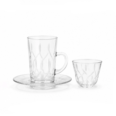 Tea & Cawa Cup Set 18 Pieces Clear Glass with Frosted Geometric Design and Clear Glass Saucers Siddiq Gifts