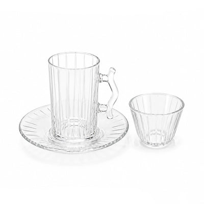 Tea & Cawa Cup Set 18 Pieces Clear Glass with Frosted Vertical Line Design and Clear Glass Saucers Siddiq Gifts