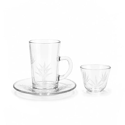 Tea & Cawa Cup Set 18 Pieces Clear Glass with Leaf Etched Design and Clear Glass Saucers Siddiq Gifts