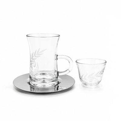 Tea & Cawa Cup Set 18 Pieces Clear Glass with Leaf Etched Design and Silver Saucers Siddiq Gifts